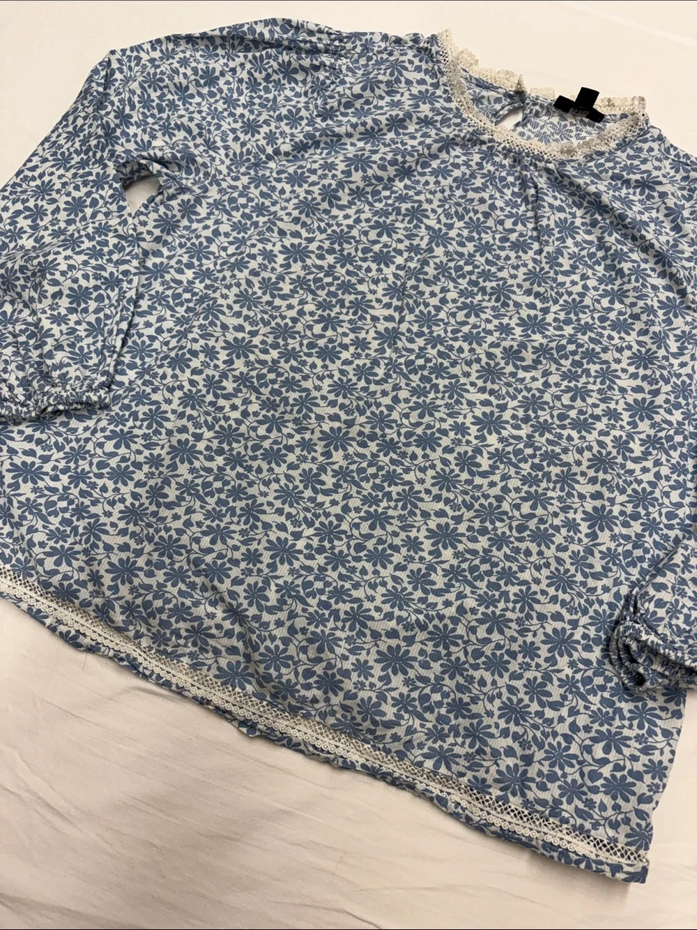 J. Crew Blue Floral Lace-Trim Long-Sleeve Blouse